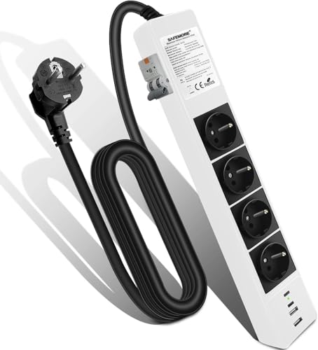 Multiprise SAFEMORE avec disjoncteur différentiel intégré, 4 Prises RCD 16A/240V avec Interrupteur FI/Circuit Breaker, multiprise FI 3680W avec câble d'extension de...