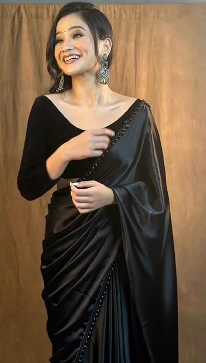 Women's Ready to Wear Black Satin Silk 1 Minute Pre Pleated Heavy Saree With Hand Work Lace | ready to wear sarees for women | zip and go saree (Black)