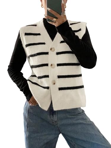 SHENHE Women's Striped Sweater Vest Sleeveless Button Up Dressy Casual Knit Vest Cardigan