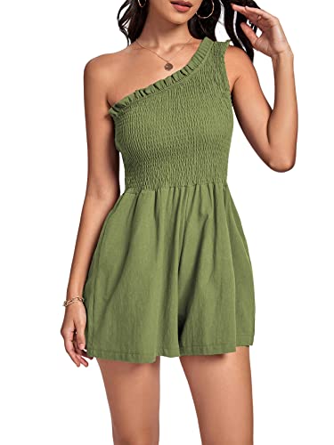 Umenlele Women's One Shouder Sleeveless Trim Smocked High Waist Short Romper Jumpsuit Green Medium #TOP2