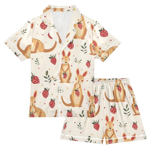 ALAZA Kangaroo Strawberry Leaf Satin Pajamas Set Short Sleeve Button Down Sleepwear Summer Pjs 2 Piece