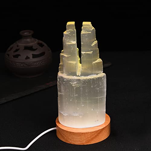 JIC Gem USB Selenite Skyscraper Healing Crystal Lamp 6 Inch with Wooden LED Light Stand Base