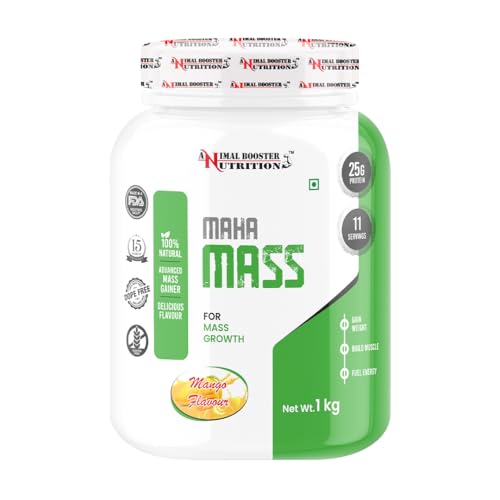 Image of Animal Booster Nutrition Maha Mass Gainer, 25 Gram Of Protein in 90gm of Servings Helps in Gain Weight, Build Muscle & Fuel Energy - Mango Flavor (11Servings /1KG)
