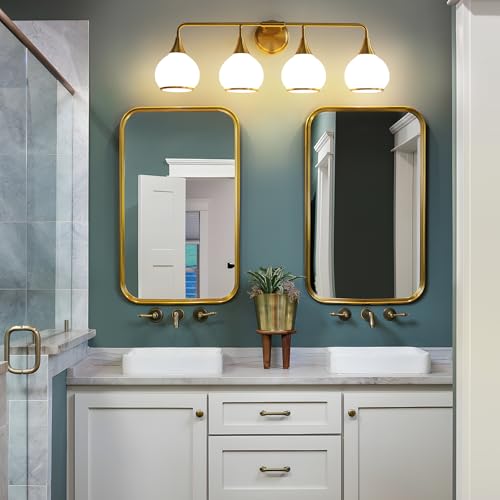 Image of Brass Gold Bathroom Light Fixtures 4-ights Vanity Lights with Milky White Frosted Glass Shade Bathroom Vanity Light 30.7 inch Wall Sconce Lighting Bath(Exclude E26 Bulb)