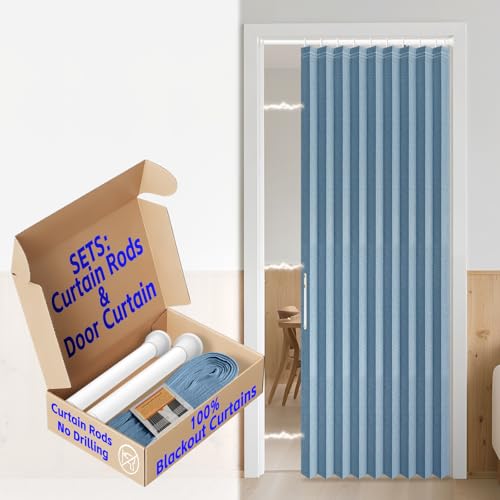 AJAZZ Puerta plegable, 100 % oscurecimiento, privacidad, insonorizada, cortina para armario, dormitorio, sala de estar, área de puerta, 1 paquete, 112 cm (ancho) x 198 cm (largo), azul, con barra