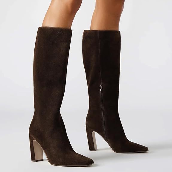 Image of Lovee Cosee Knee High Boots for Women Square Toe Chunky Heeled Boots with Side Zipper Fashion Dress Elastic Tall Boots