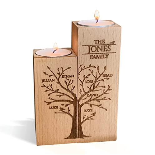 2 piezas Personalizado Portavelas con Grabado nombres, nombre de la familia, Árbol de la vida, Madera Decorativas, Candelabros, Cumpleaños, Aniversario, Decoración del Hogar, Regalo para la madre