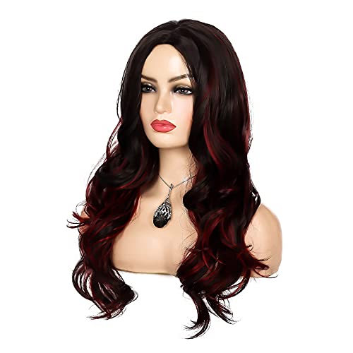 Sallcks Brown Red Wig For Women Long Curly Wavy Wig With Highlights Layered Silky Middle Part 2 Tone Synthetic Cosplay Costume Wigs #TOP2