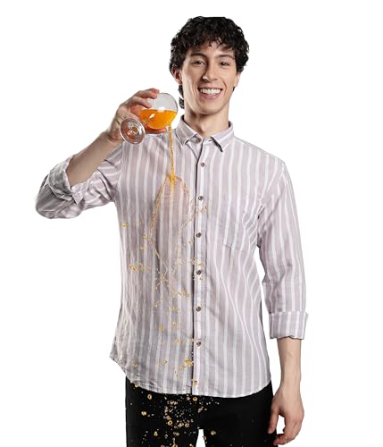Image of TURMS Men's Casual Striped Linen Shirt | Water Repellent | Anti Stain Anti Odor | Kansas Linen | Concealed Button Down Collar | Full Sleeves