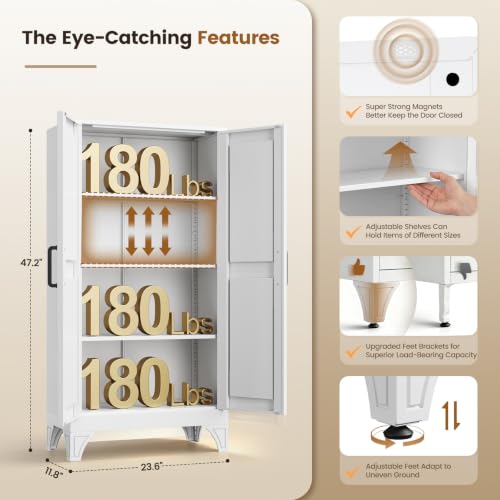 Image of Yizosh Metal Storage Cabinet with 2 Doors and 3 Adjustable Shelves - 47 inch White Kitchen Pantry Storage Cabinet Locker for Kitchen,Living Room,Dining Room