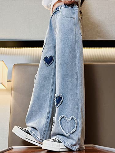 Girls' Casual Wide Leg Jeans Heart Print Elastic Waist Baggy Jeans Kids Cute Regular Fit Denim Pants with Pockets3