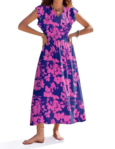Women's Boho Dress, Casual Floral Summer Maxi Dresses, Cap Sleeve