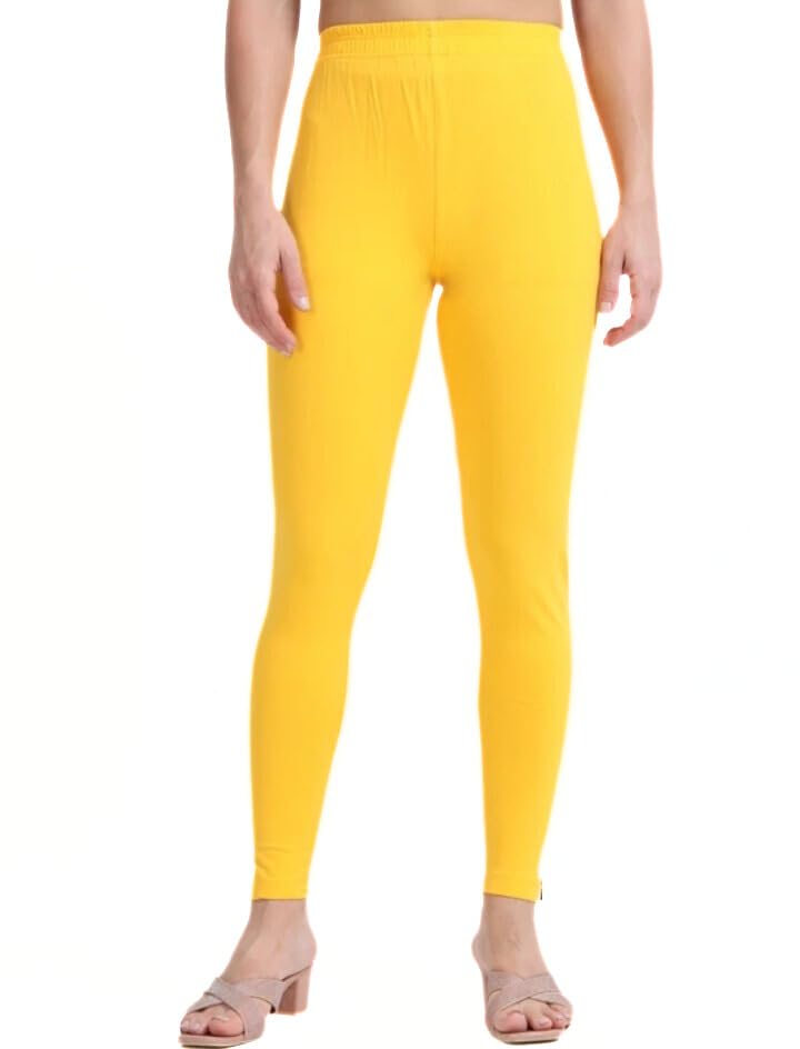 Cotton Leggings for Women, Yellow, High Waist, Stretchable, Ankle Length-picture-31