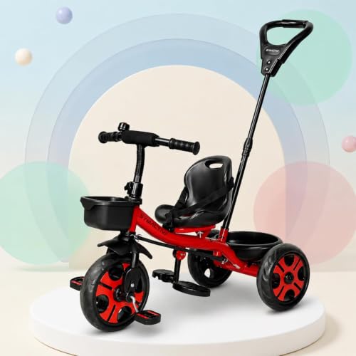 Amazon Brand - Symactive Kids Tricycle | Plug & Play EVA Wheels | Cushioned Seat & Seat Belt | Parental Handle | Dual Storage Baskets | Bell & Footrest | BIS Certified | Age 2–5 Years | Red