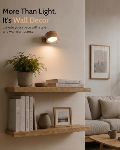 Image of LED Wall Mounted Lights, Rechargeable Wall Sconces Lamp, 3 Color Temps & Remote and Touch, 360Rotation Dimmable Cordless Wall Light for Study Bedroom Reading Bedside(Wood, 2 Pack)