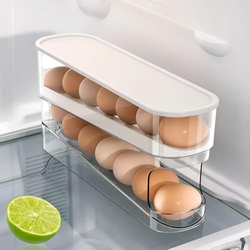 Image of Egg Holder for Fridge, Space-Saving Automatic Rolling Egg organizer for refrigerator, 2-Layer Stackable Egg dispenser for refrigerator, Egg storage with Lid for Kitchen, Countertop, Dining Room