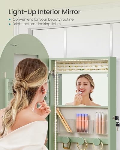 Image of SONGMICS Wide Jewelry Organizer, LED Jewelry Cabinet Wall /Door Mounted, Arched Mirror with Storage, Lockable, Rounded Corner, Interior Mirror, 3.9 x 16.5 x 42.5 Inches, Laurel Green UJJC020C01S