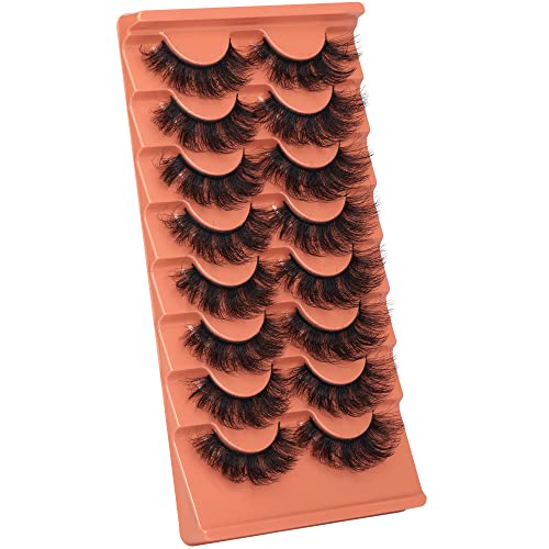 False Eyelashes Fluffy Lashes Mink Curly 8D Volume Fake Eyelashes Wispy Strip Full Eye Lashes Pack Thick Long 20Mm Dramatic False Lash 8 Pairs #TOP6