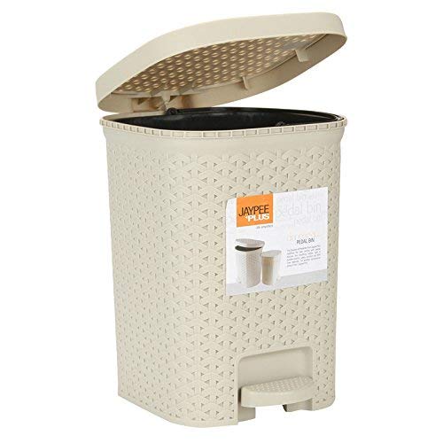 TENLITE (Beige 7L Square Plastic Pedal Bin – Rattan-Style Waste Bin with Foot Pedal, Hinged Lid & Inner Bucket – Compact, Hygienic Rubbish Bin for Bathroom, Kitchen, Bedroom & Office Use