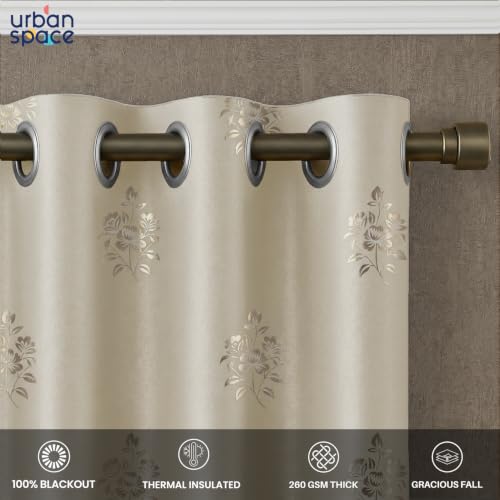Image of Urban Space 100% True Blackout Curtains for Window, Gold Foil Printed Blackout Curtains, Blackout Decorative Window Curtain Eyelet with Tieback, 1 Piece Curtain for Living Room (Avni Beige, 5 Feet)