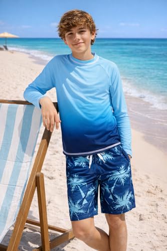Belovance Boys Two Piece Rash Guard Swim Set Kids Long Sleeve Bathing Suit Swimwear Shirt with Trunks Swimming Suits Surfing Beach Clothes Quick Dry Size 6 7 Dark Blue — view 3