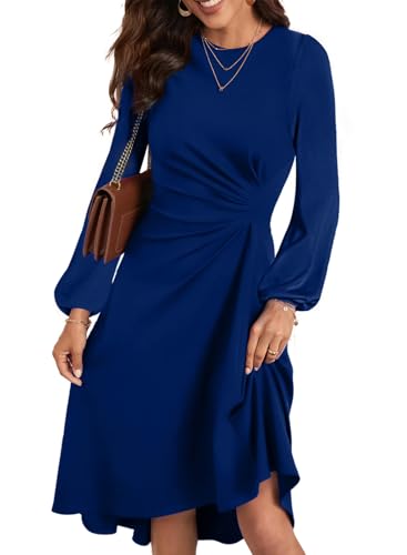 Image of Happy Sailed Women's Long Sleeve Ruched Waist Flowy A Line High Low Midi Cocktail Party Dress