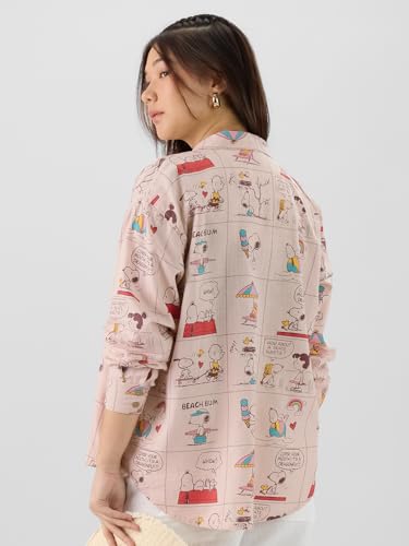 Image of The Souled Store Official Peanuts: Beach Bum Women and Girls Long Sleeve Collared Neck Pink All Over Printed Cotton Boyfriend Shirts