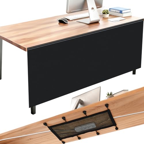 Tegeme Black Under Desk Privacy Panel with Cable Management Net Desk Skirt Self Adhesive Modesty Panel with Cord Organizer Pockets for Office Home Standing Workstation (71'')