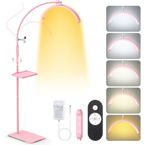 Adonafy Lampara Extensiones de Pestañas: 18' Plegable Lampara LED de Pie Para Pestañas con 5 Colores Regulables & Rotación de 360° para Salón, Hogar, Rosa
