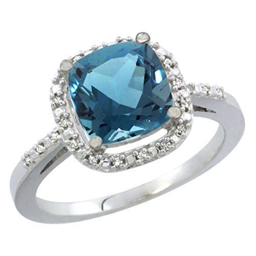 14K White Gold Natural London Blue Topaz Ring Cushion-Cut 8X8Mm Diamond Accent, Size 6.5 #TOP13