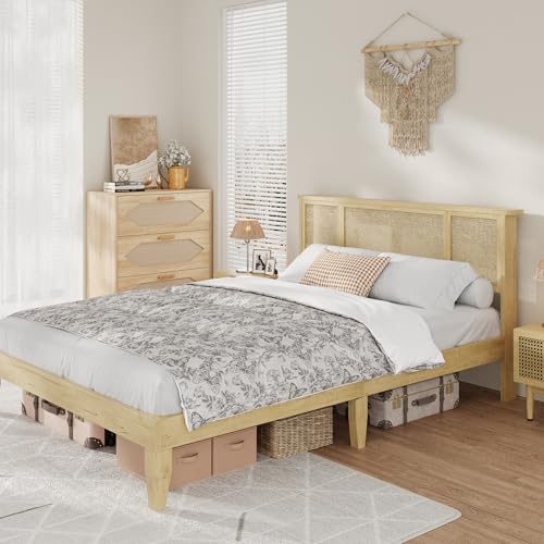 GAOMON Full Bed Frame with Natural Rattan Headboard, Sturdy Metal
