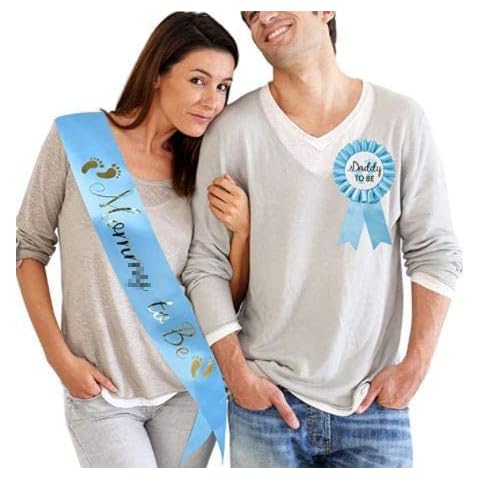 Milcraft Baby Shower Decorations Light Blue Sash for Mom-to-be and Daddy Tinplate Badge, 2 Piece Set Cover