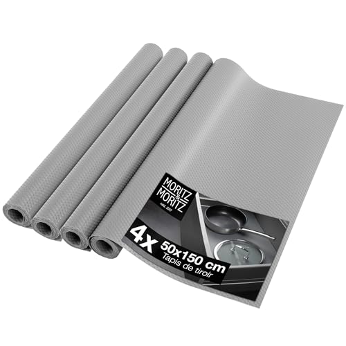 Moritz Lot de 4 tapis tiroir gris 50 cm – Tapis antidérapant 50 x 150 cm – Insert cuisine ou film armoire – 20 autocollants tableau noir