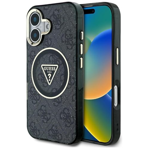 CG Mobile Guess IML Metal Glitter 4G Circle Triangle Compatible avec MagSafe Coque pour iPhone 16 (Noir)