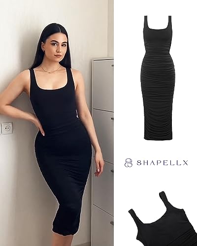SHAPELLX Shaper Dress Sexy Ruched Bodycon Dress for Women Built-in 360° Tank Top Casual Party Club Midi Dresses4