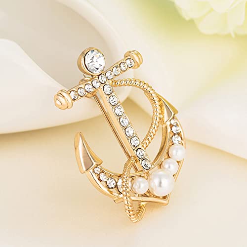 Pearl Boat Anchor Brooch, Premium Fashionable Temperament Imitation Decoration Pins,Rhinestone Cross Anchor Corsage,Clothing And Accessories Crystal Ornaments (Gold) #TOP3