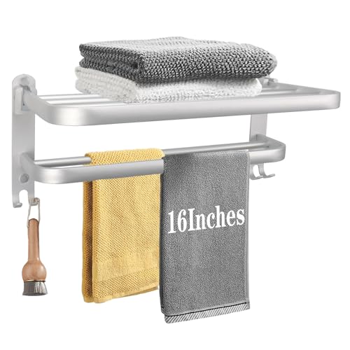 Vanloory Towel Rack for Bathroom Bath Towel Holder with Double Towel Bar and Fold-able Towel Shelf Rustproof Towel Organizer Wall Mounted Towel Storage Hanger for Bath/Balcony/Lavatory(16In Sliver)