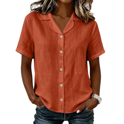 Women's Cotton Linen Camp Collar Button Down Shirt Short Sleeve Orange