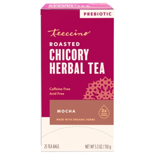 Teeccino Mocha Herbal Tea - Rich & Roasted Herbal Tea That’s Caffeine Free & Prebiotic for Natural Energy, 25 Tea Bags