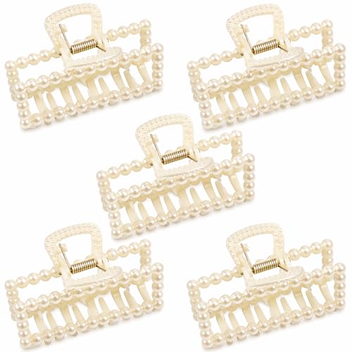 5 PCS Simulated Pearl Hair Claw Clips for Women | Multi-Use Barrettes for Thin Hair with Non-Slip Strong Hold | Barrettes for Thick & Curly Hair Accessories | Flat Claw Clips for Women Off-White