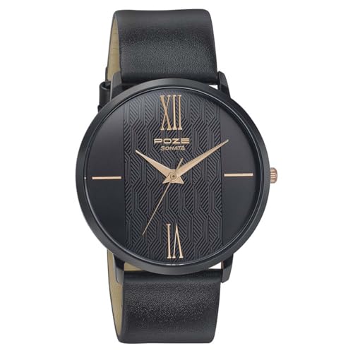 Image of Sonata Poze Quartz Analog Black Dial Leather Strap Watch for Men-SP70004KL02
