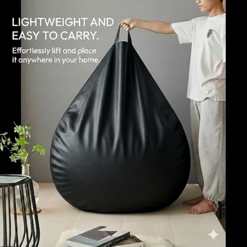 Image of KAM'S LIEU 5XL Luxury Faux Leather Bean Bag with Footrest & Cushion | Pre-Filled High-Density Polystyrene Beans | Premium Leatherette | 6 Months Warranty Color- (Black, with Footrest)