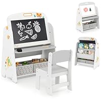 COSTWAY Kids Art Easel and Chair Set, Wooden Toddler Activity Table with Magnetic Whiteboard, Blackboard, Bookshelf, Fabric Bins, Double-Sided Easels for 3+ Years Old