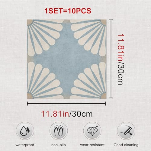 IVN Blue White Fan Floral Peel and Stick Floor Tiles 12x12 Inch 10PCS by IVN - Used condition - Image 3