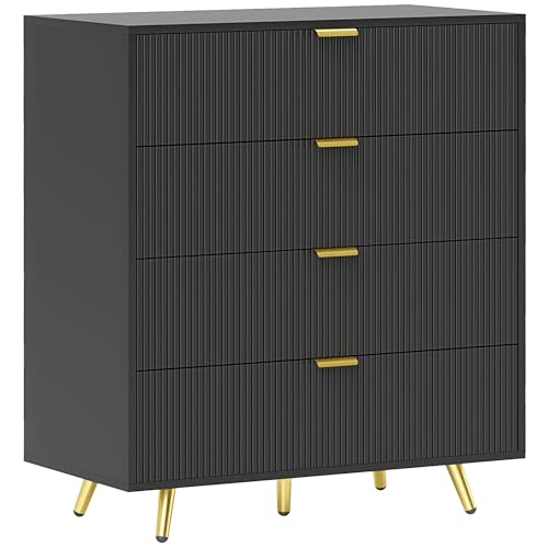 HOMCOM Bedroom Chest of Drawers with 4 Drawers, Fluted Dresser with Gold Tone Handles, Storage Cabinet for Bedroom, Living Room, Hallway, Entryway, Black