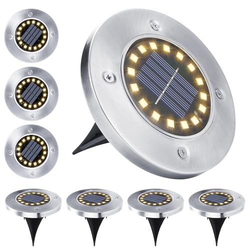BrizLabs Luci Solari Giardino Esterno, 8 Pezzi 16 LED Faretti Solare a LED Esterni Luci Terra Solari Luce Sepolta Impermeabile Lampada per Cortile Prato Scala Strade Piscina Passerella, Bianco Caldo