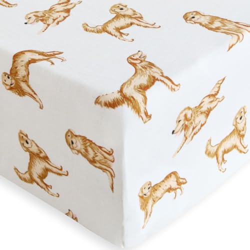 Image of LifeTree Crib Sheets for Baby Unisex - Muslin Fitted Crib Sheets Toddler Bed Sheet, 70% Viscose from Bamboo and 30% Cotton, Fits Standard Crib, Golden Retriever, 28in x 52in