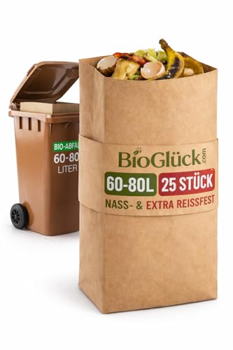 BIOGLÜCK Biomüllsäcke 60L & 80L [25 Stück] | Flexibel anpassbar für 60 und 80 Liter Biotonnen | Extra reißfest & nassfest