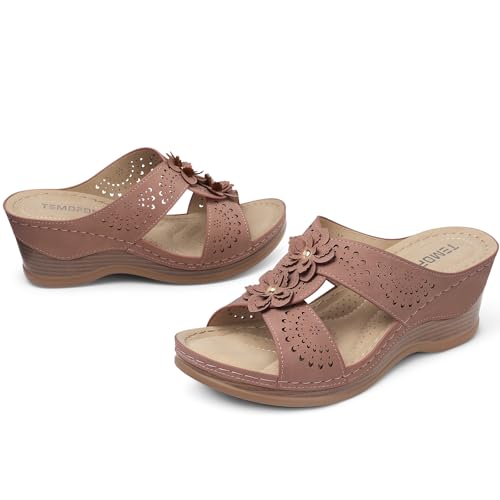 Image of TEMOFON Womens Wedge Sandals Leather: Comfortable Walking Shoes Summer | Fit Wide Foot - Cute Style - Wear True Size 5-11