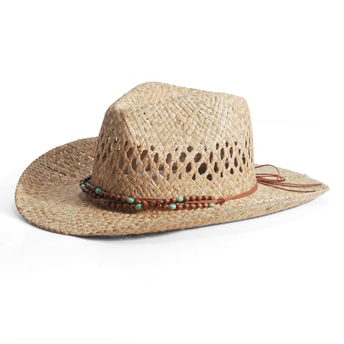Image of Men's Cowboy Hats Summer Women Beach Cowgirl Hat Raffia Unisex Western Sun Hat